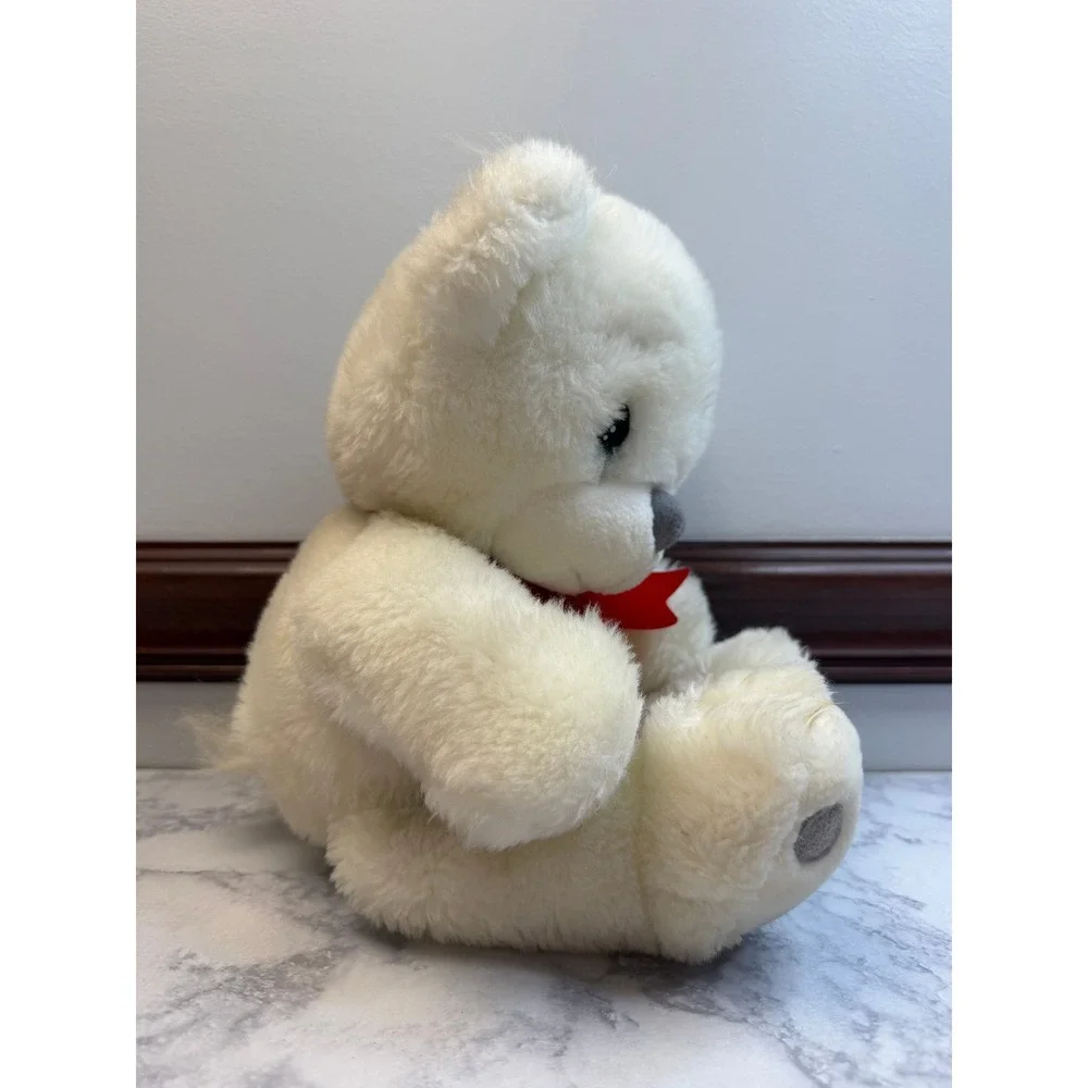 Precious Moments White Teddy Bear Plush Red Ribbon Teal Eyes Vintage Collectible